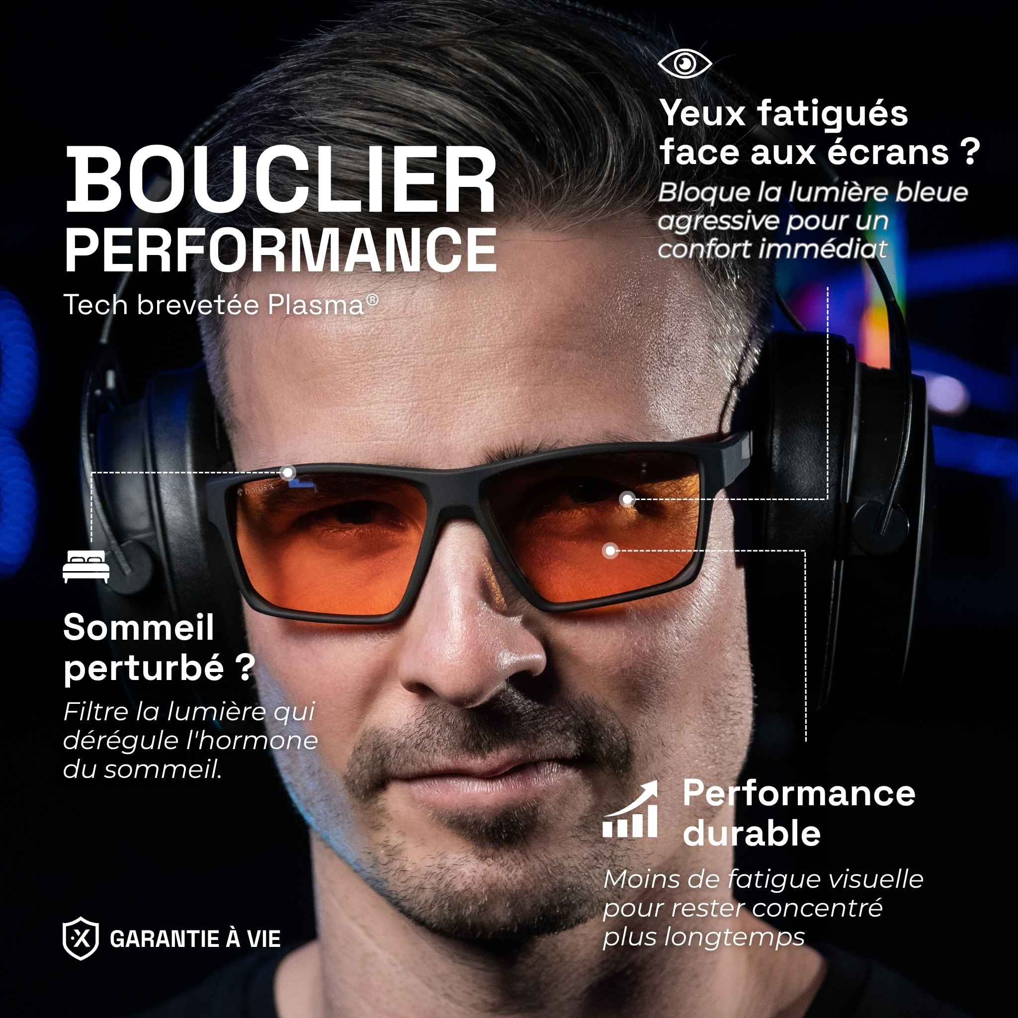 Paul trägt die Gaming-Brille One Revo mit bernsteinfarbenen Gläsern unter einem Kopfhörer. Text: Leistungsschild, blockiert blaues Licht für besseren Komfort und Schlaf. Lebenslange Garantie.