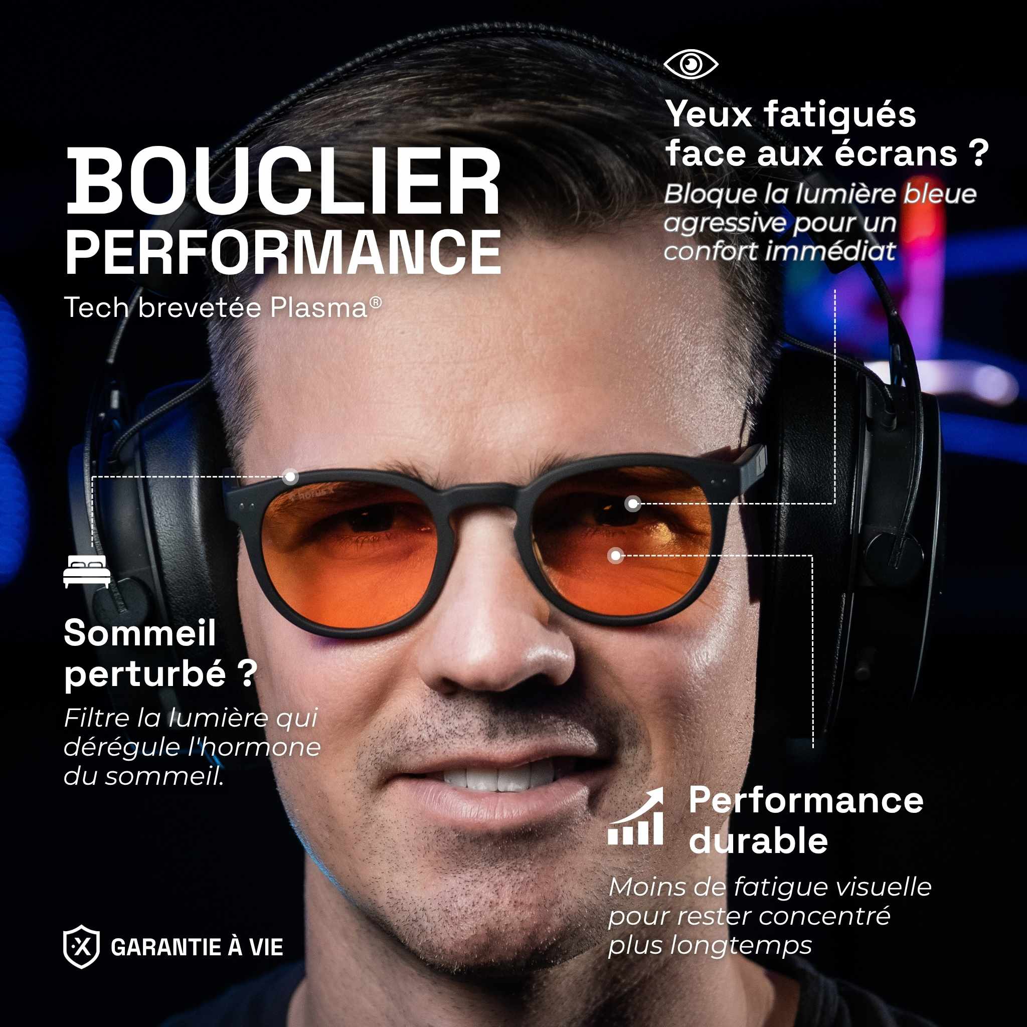 Matthieu trägt die Urban Revo Gaming-Brille mit bernsteinfarbenen Gläsern unter einem Kopfhörer. Text: Leistungsschild, blockiert blaues Licht für besseren Komfort und Schlaf. Lebenslange Garantie.