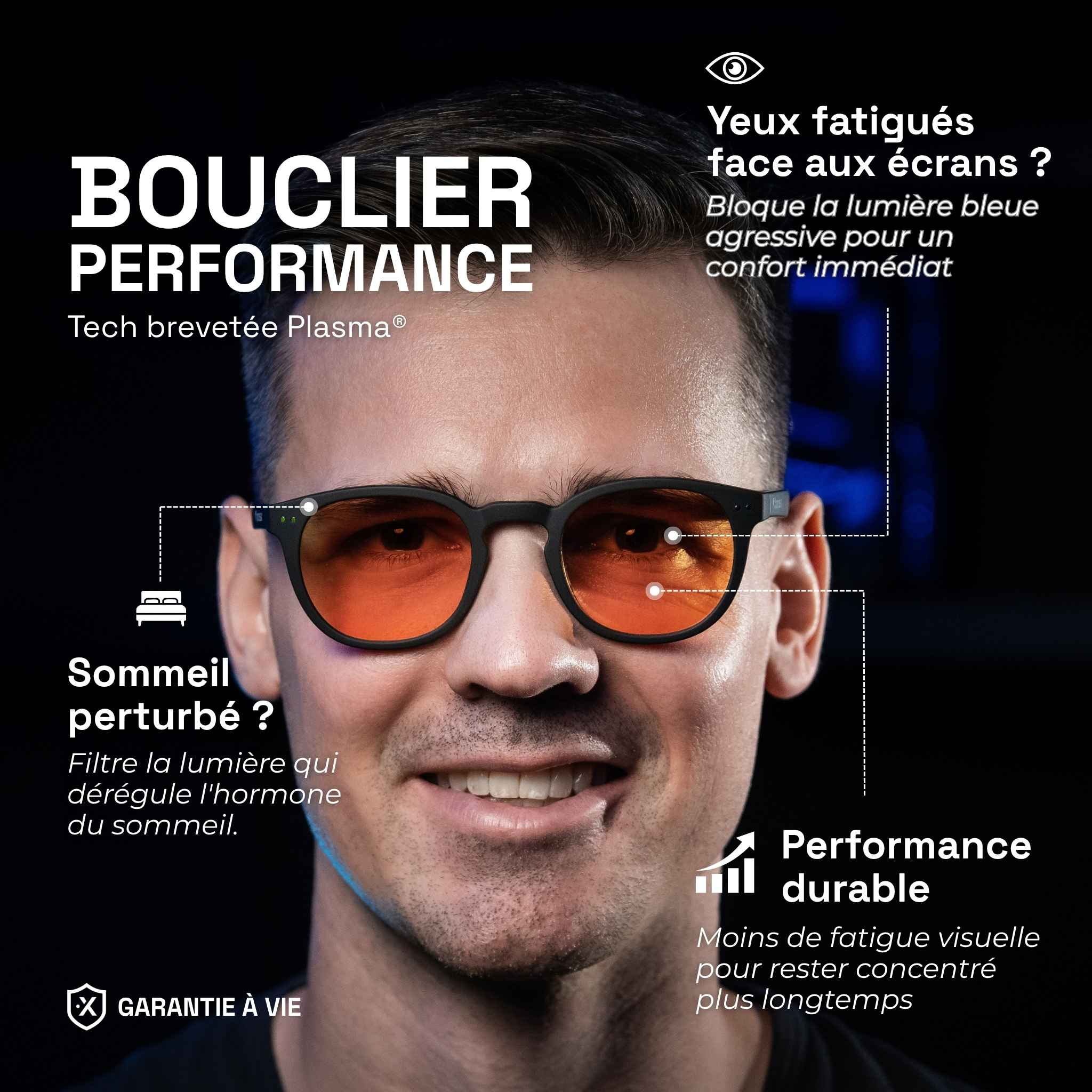 Notre cofondateur Matthieu porte les lunettes gaming urban ambrées et montre les bénéfices : bouclier performance, anti lumière bleue pour meilleur confort et sommeil.