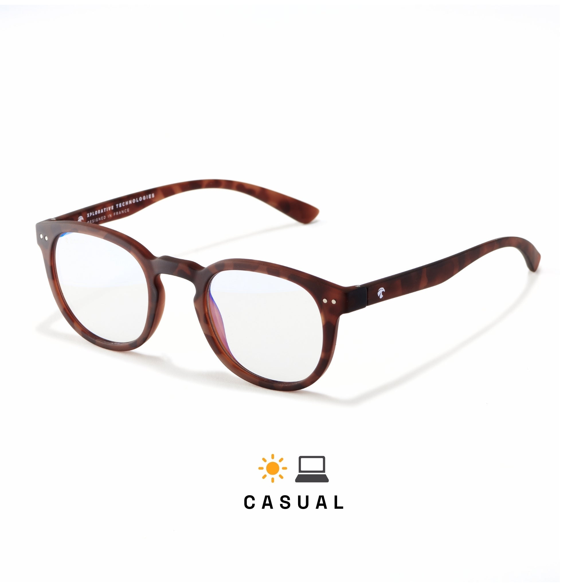 lunettes anti lumière bleue vintage couleur Tortoise marron en polycarbonate, verres transparents sur fond blanc