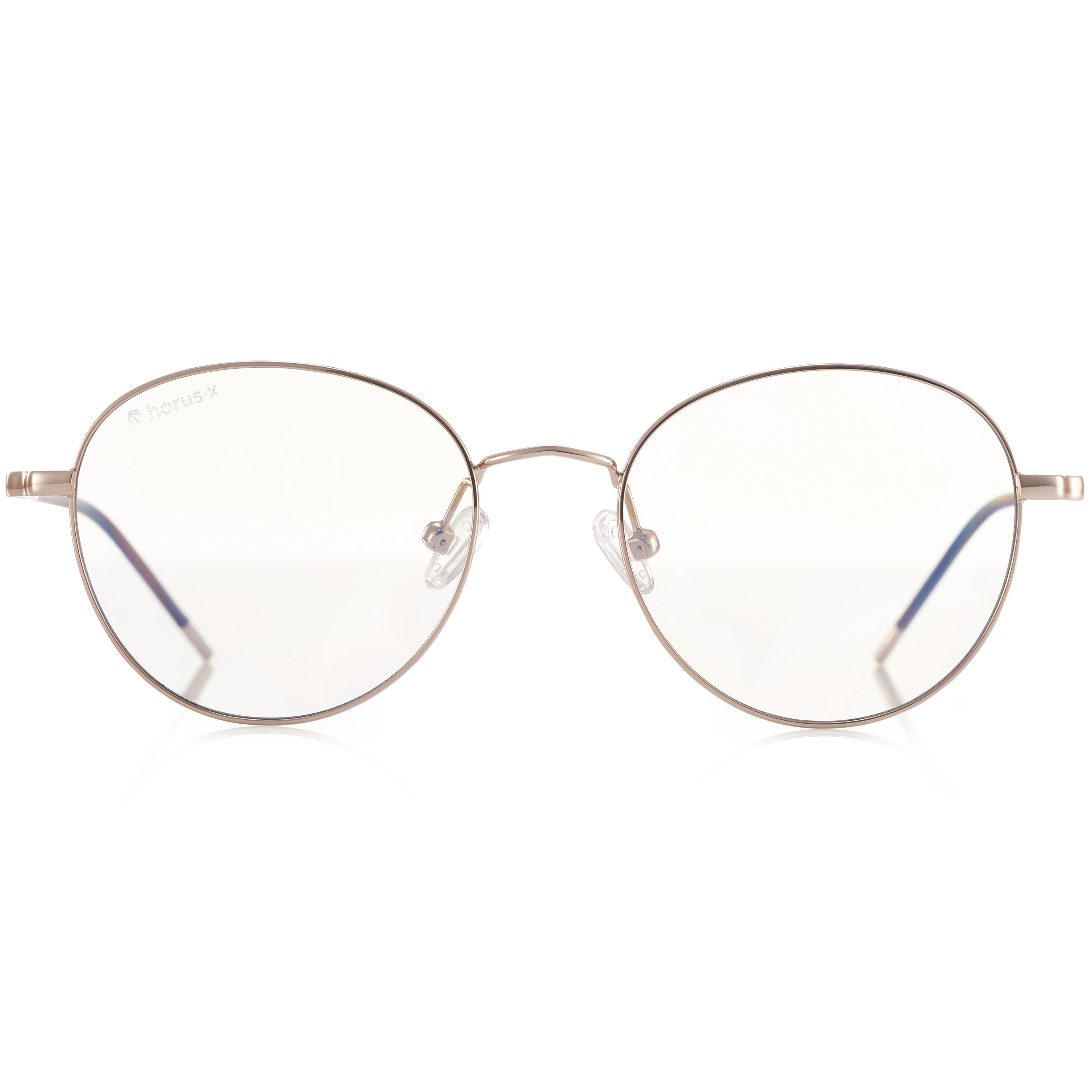Lunettes anti lumière bleue rondes en métal doré, de face sur fond blanc