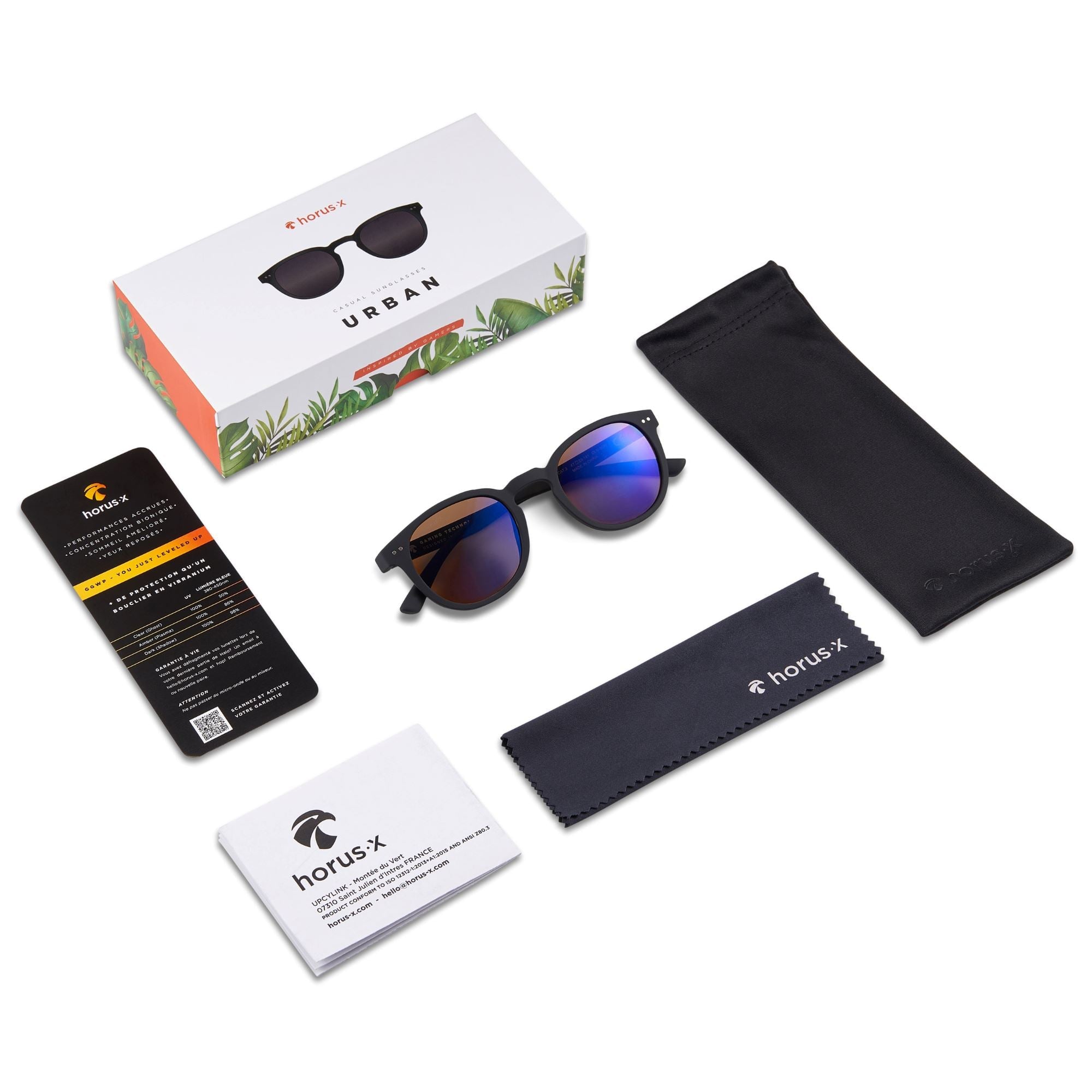 Les lunettes de soleil polarisées Urban Sun sur fond blanc avec leur packaging
