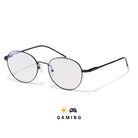 Lunettes gaming anti lumière bleue rondes en métal noir avec verres clairs et plaquettes de nez sur fond blanc